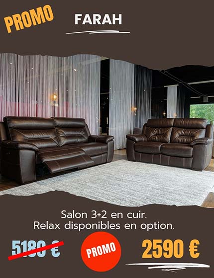 Salon 3+2 en cuir brun avec 2 relax électriques.