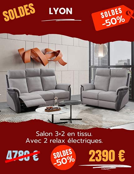 salon 3+2 en tissu gris avec 2 relax électriques.